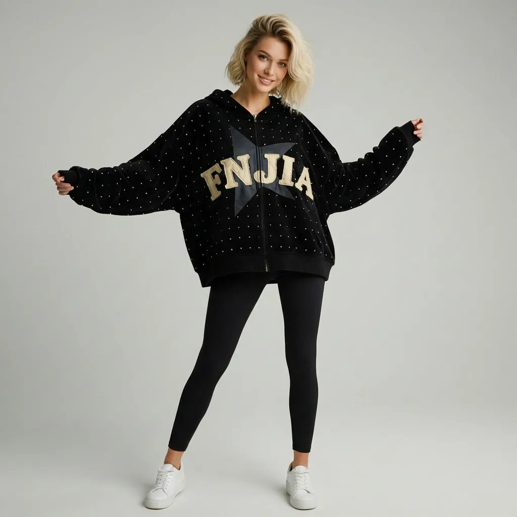 Unisex Black Polka-Dot Zip-Up Hoodie: "FNJIA" Star Graphic