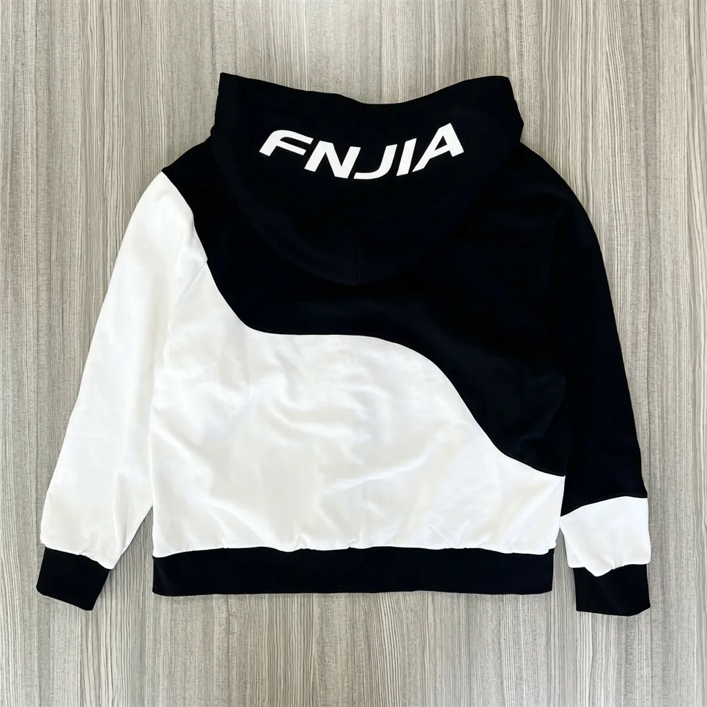 Unisex Black & White Star-Print Zip-Up Hoodie: "FNJIA" Graphic
