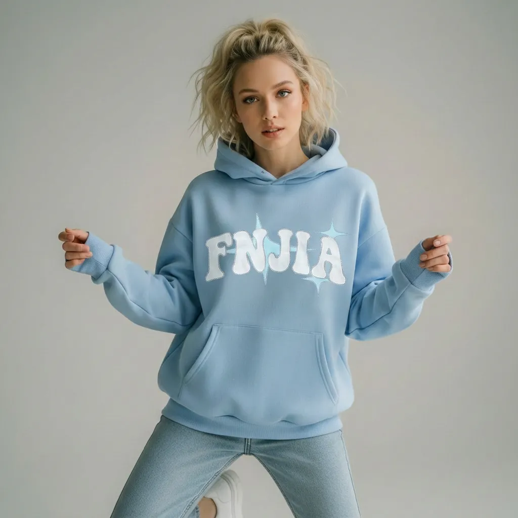 Unisex Light Blue "FNJIA" Hoodie: Star-Accent Graphic, Oversized