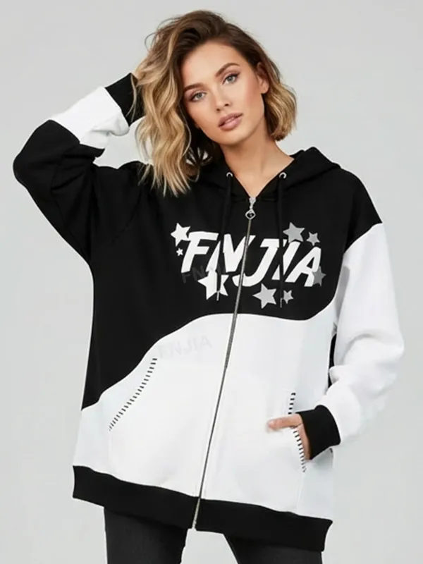 Unisex Black & White Star-Print Zip-Up Hoodie: 