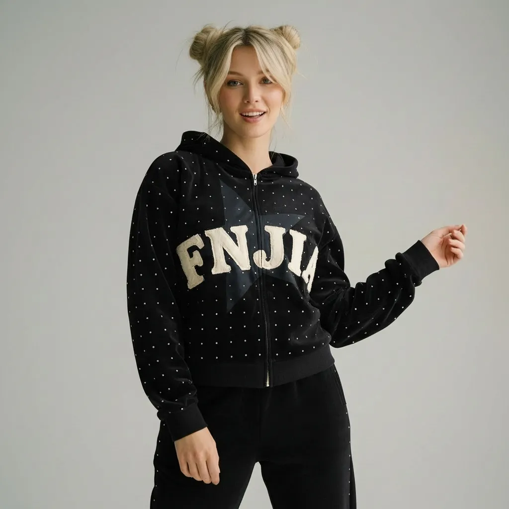 Unisex Black Polka-Dot Zip-Up Hoodie: "FNJIA" Star Graphic