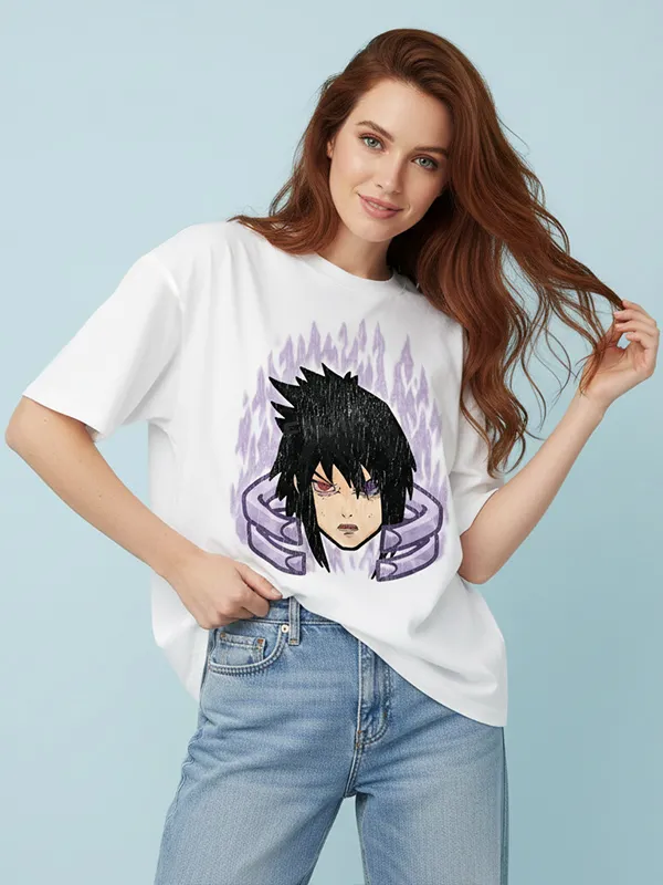 Women's Sasuke Uchiha Graphic T-Shirt: White Oversized Short-Sleeve