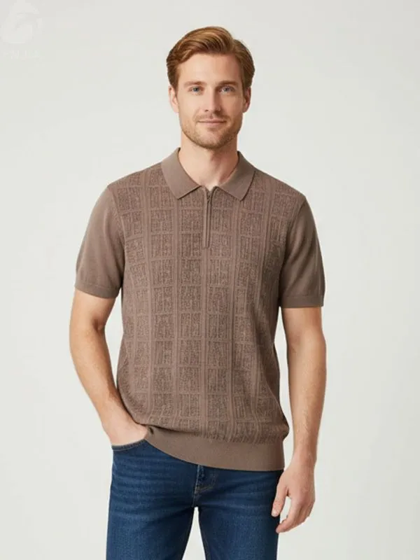 Men's Taupe Grid-Knit Polo Shirt: Half-Zip Design