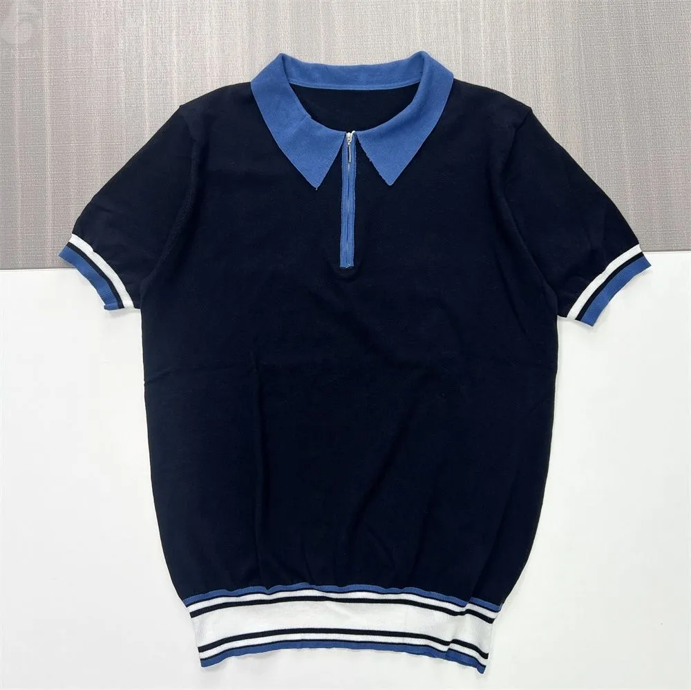 Unisex Navy & Blue Striped Half-Zip Polo Shirt: Short Sleeve