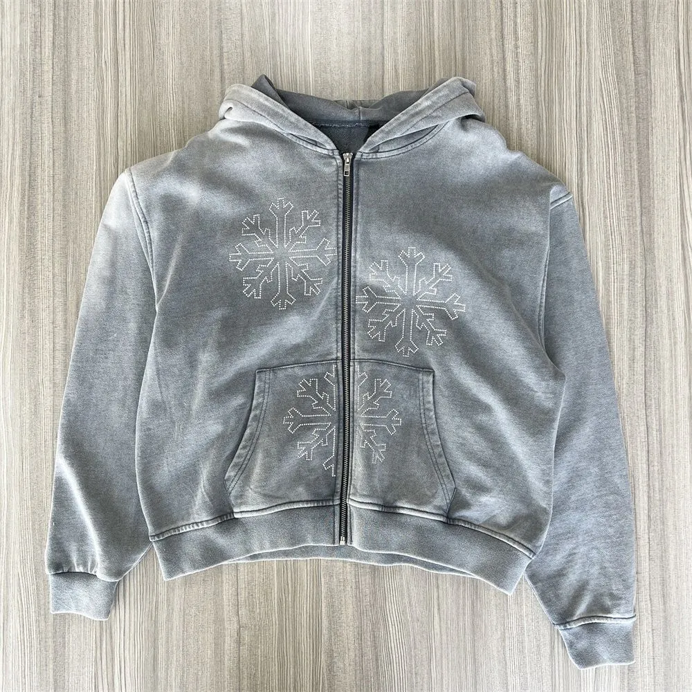 Unisex Gray Snowflake-Embellished Zip-Up Hoodie: Washed Texture