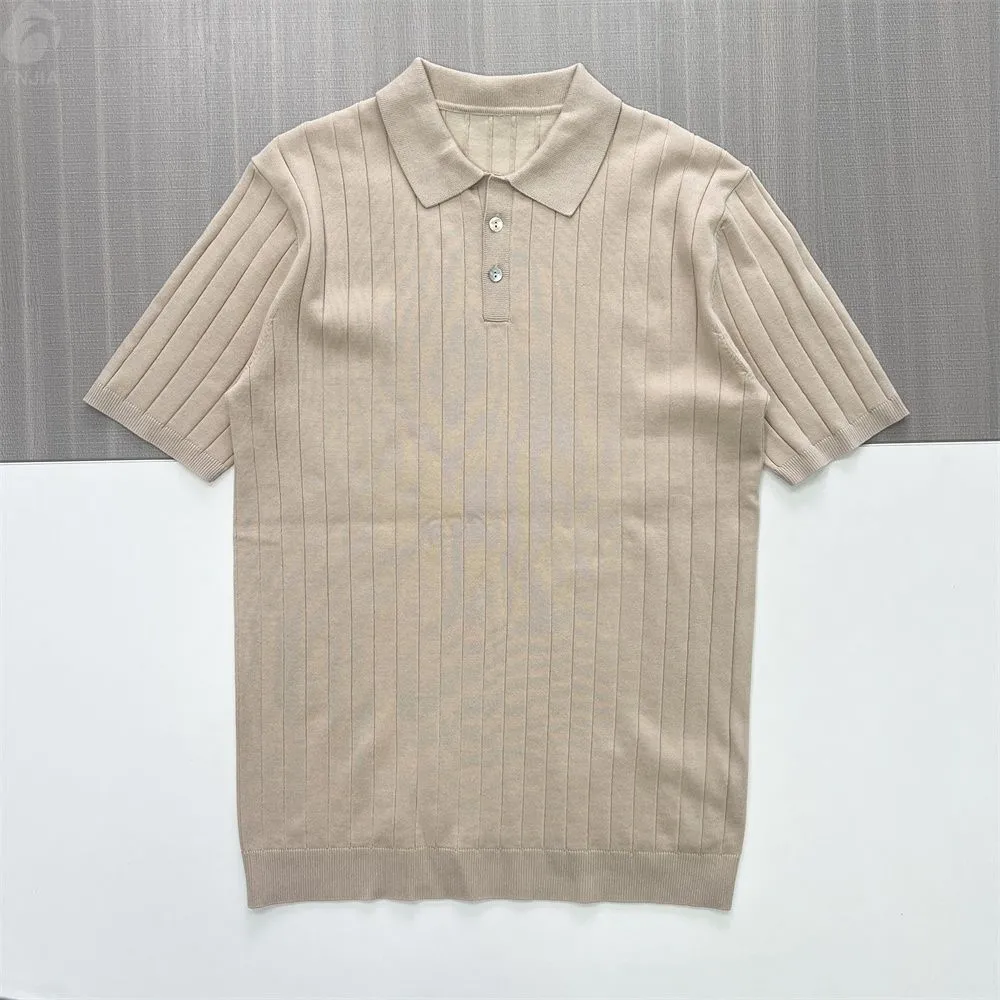 Men's Beige Ribbed Polo Shirt: Vertical Knit Design
