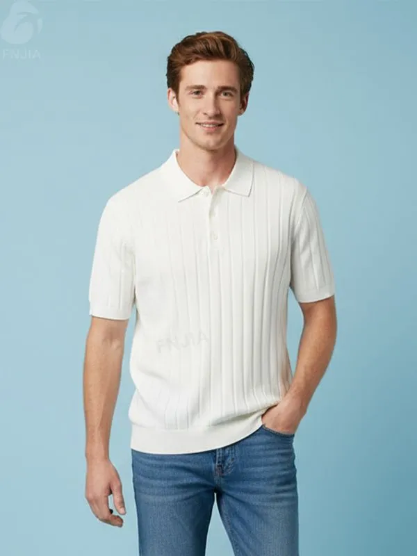 Men's White Ribbed Polo Shirt: Textured Short-Sleeve Design