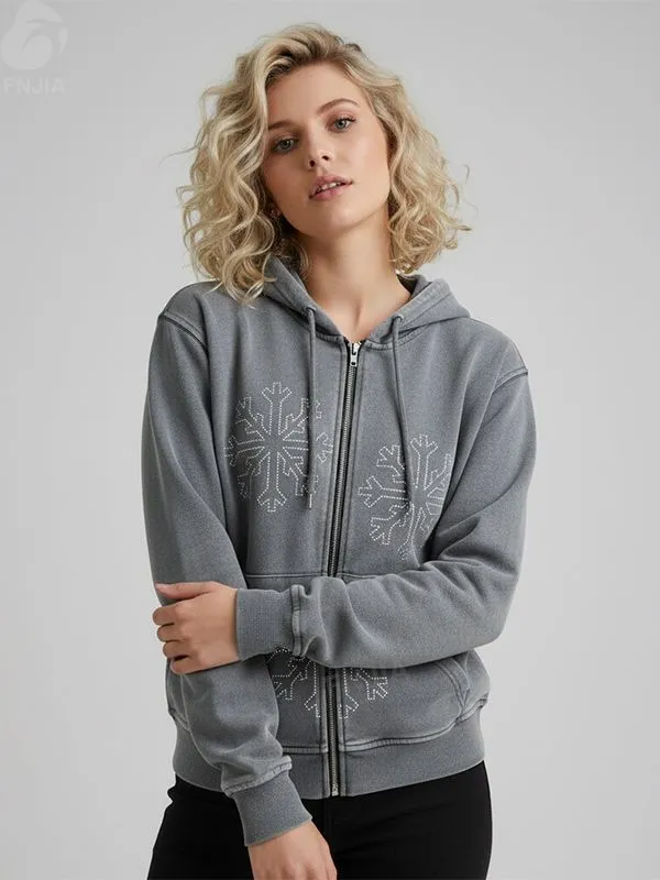 Unisex Gray Snowflake-Embellished Zip-Up Hoodie: Washed Texture