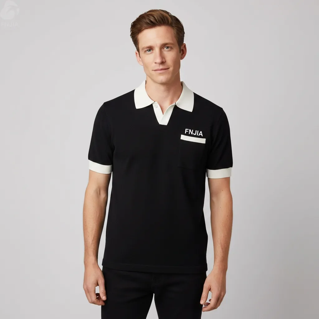 Unisex Black & White "FNJIA" Polo Shirt: Contrast Trim Design