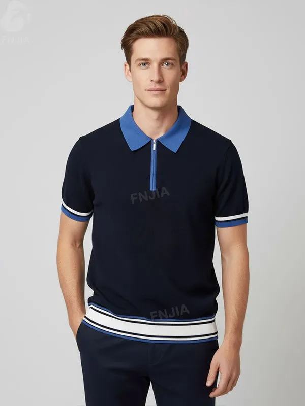 Unisex Navy & Blue Striped Half-Zip Polo Shirt: Short Sleeve