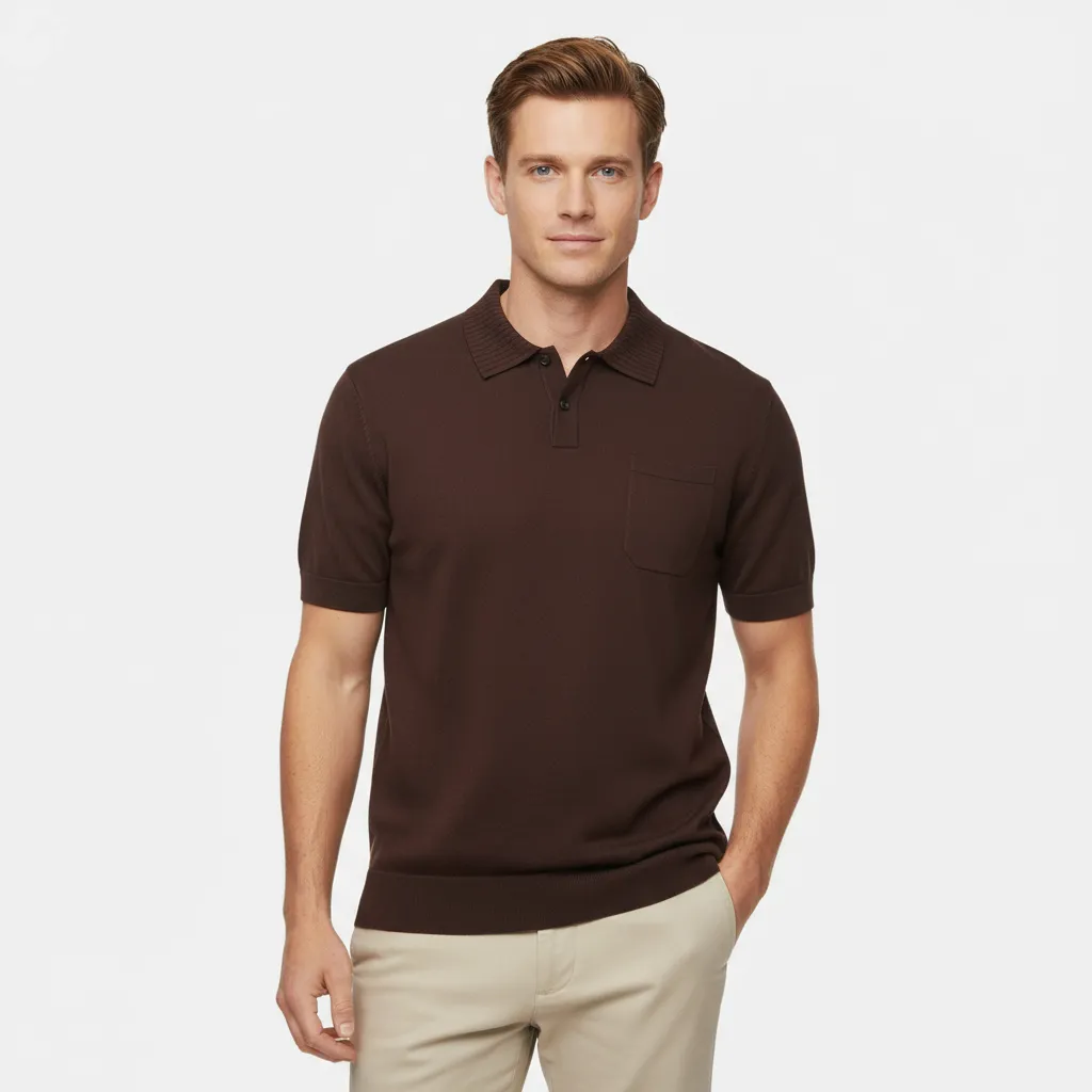 Men's Burgundy Knit Polo Shirt: Chest Pocket Design