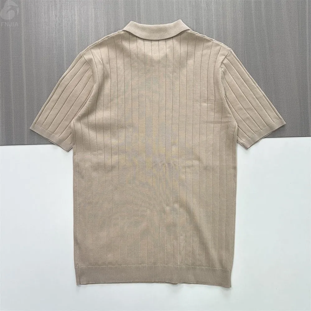 Men's Beige Ribbed Polo Shirt: Vertical Knit Design