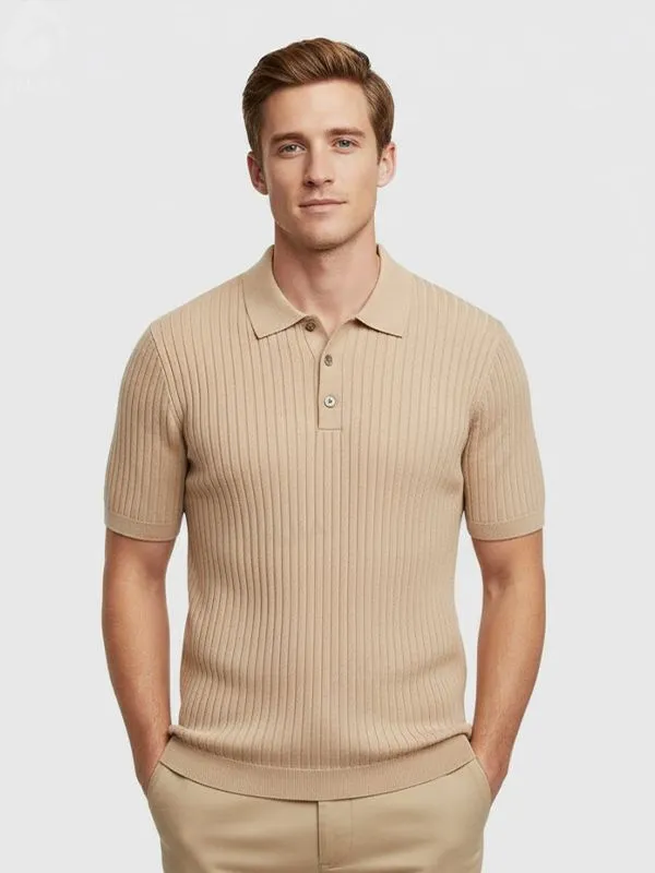 Men's Beige Ribbed Polo Shirt: Vertical Knit Design