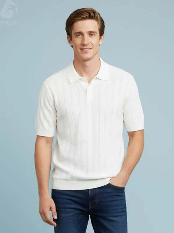 Men's White Textured Polo Shirt: Chevron Knit Design