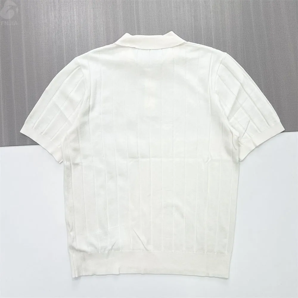 Men's White Ribbed Polo Shirt: Textured Short-Sleeve Design