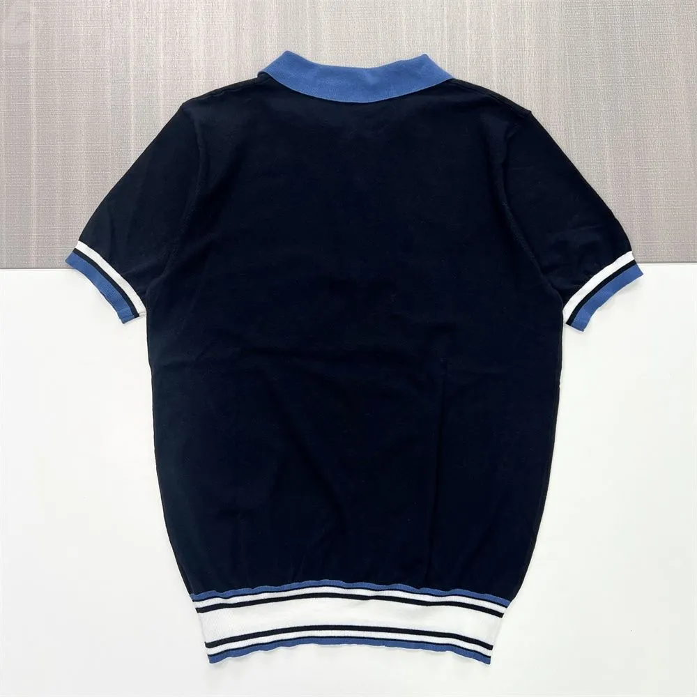 Unisex Navy & Blue Striped Half-Zip Polo Shirt: Short Sleeve