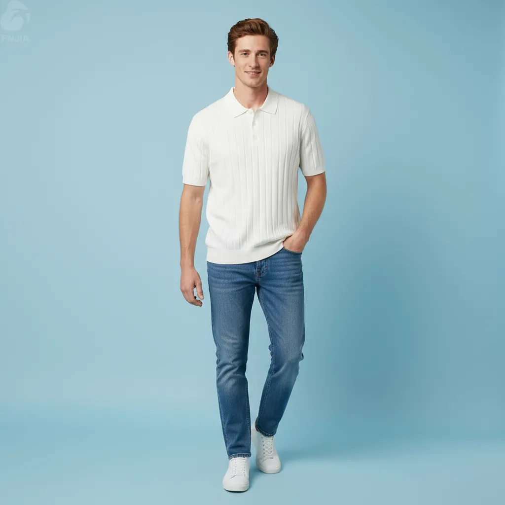 Men's White Ribbed Polo Shirt: Textured Short-Sleeve Design