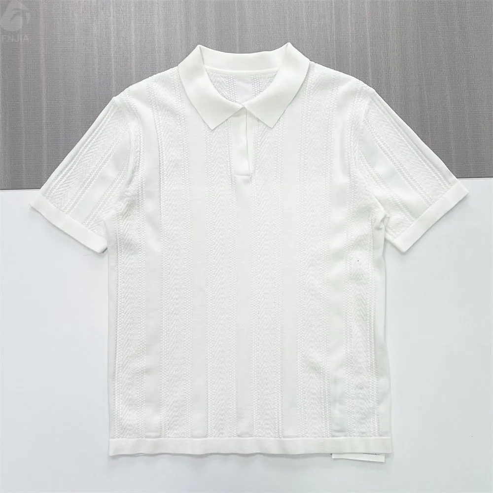 Men's White Textured Polo Shirt: Chevron Knit Design