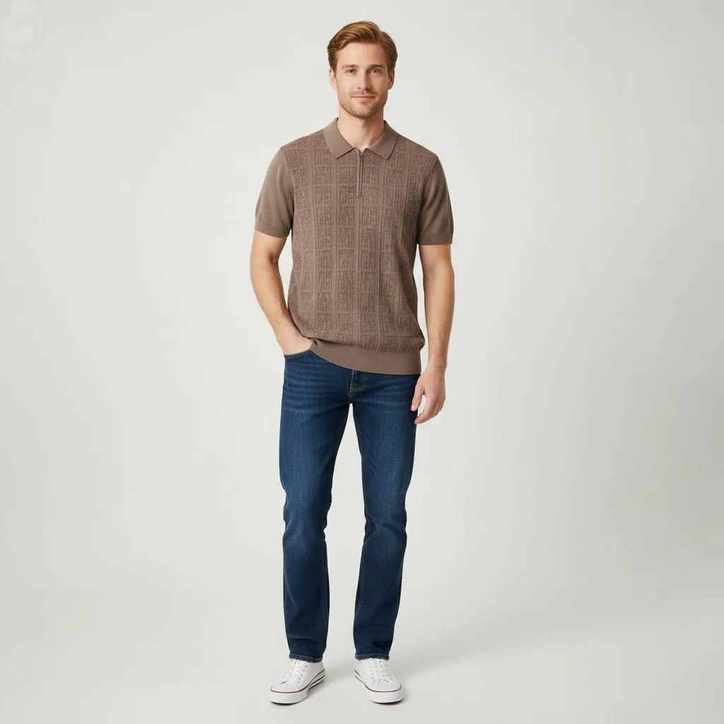 Men's Taupe Grid-Knit Polo Shirt: Half-Zip Design