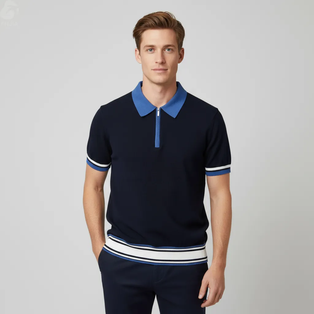 Unisex Navy & Blue Striped Half-Zip Polo Shirt: Short Sleeve