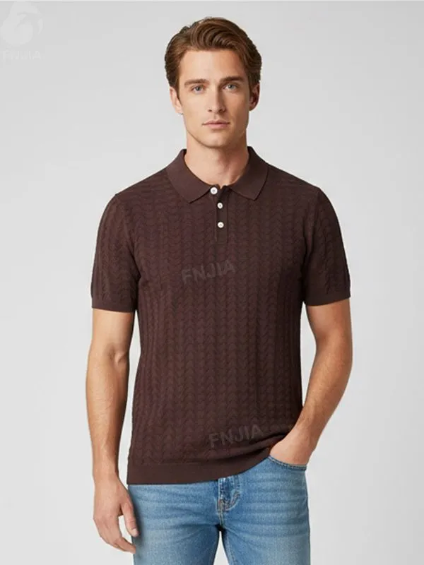 Men's Burgundy Textured Polo Shirt: Geometric Pattern Design