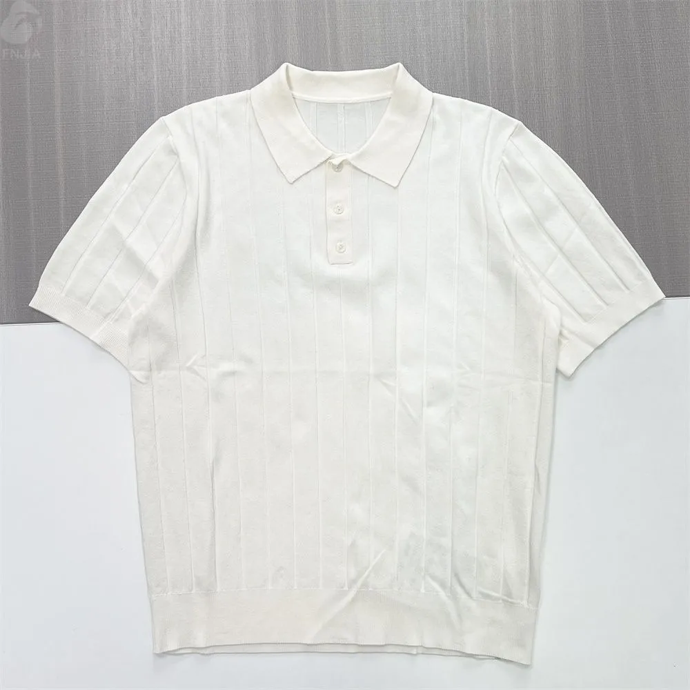 Men's White Ribbed Polo Shirt: Textured Short-Sleeve Design