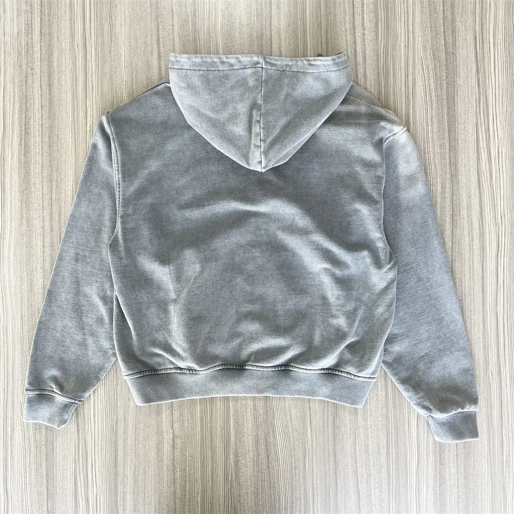 Unisex Gray Snowflake-Embellished Zip-Up Hoodie: Washed Texture