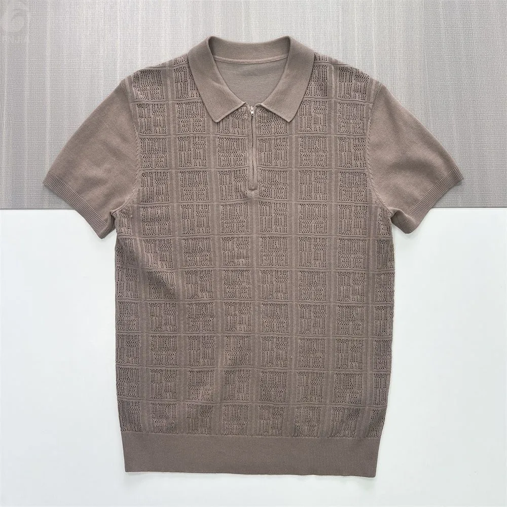 Men's Taupe Grid-Knit Polo Shirt: Half-Zip Design