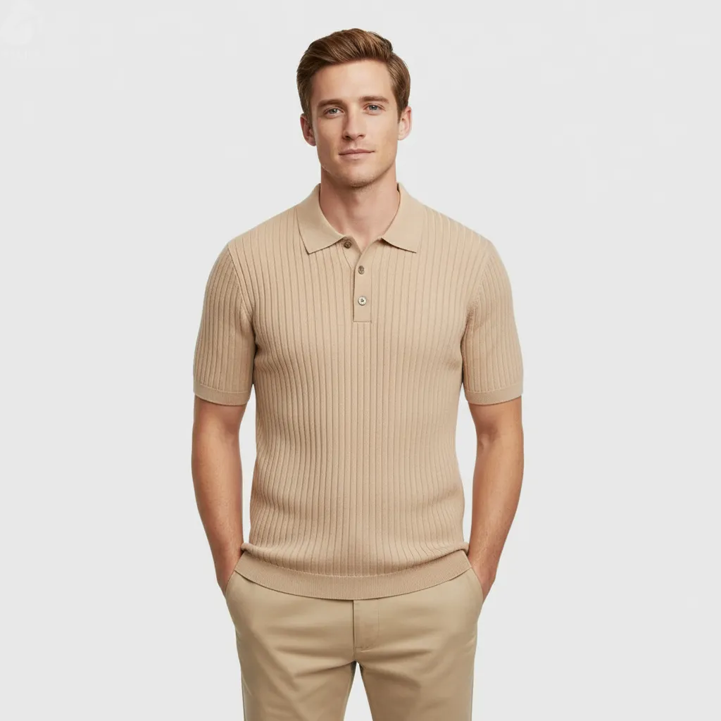 Men's Beige Ribbed Polo Shirt: Vertical Knit Design