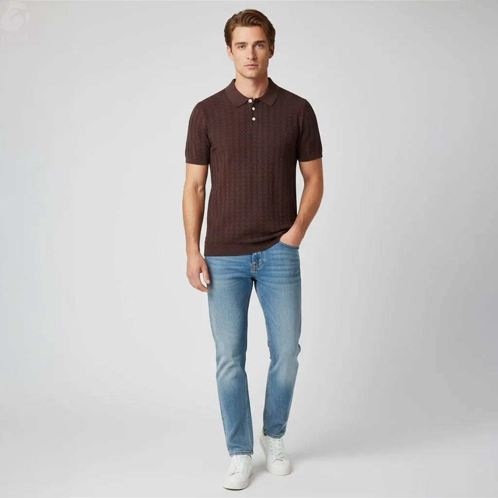 Men's Burgundy Textured Polo Shirt: Geometric Pattern Design