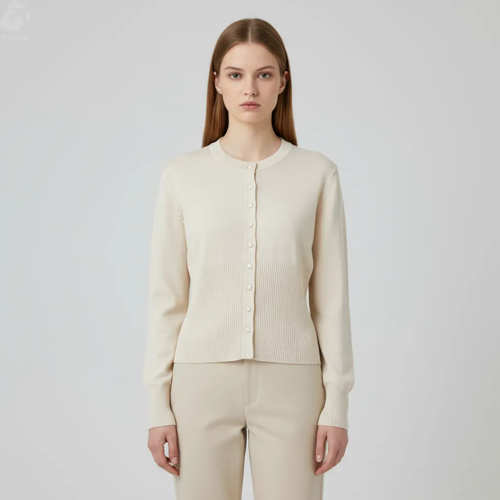 Women's Neutral-Tone Rib-Knit Cardigan - FNJIA Material-to-Finish Customization-FNJ250091