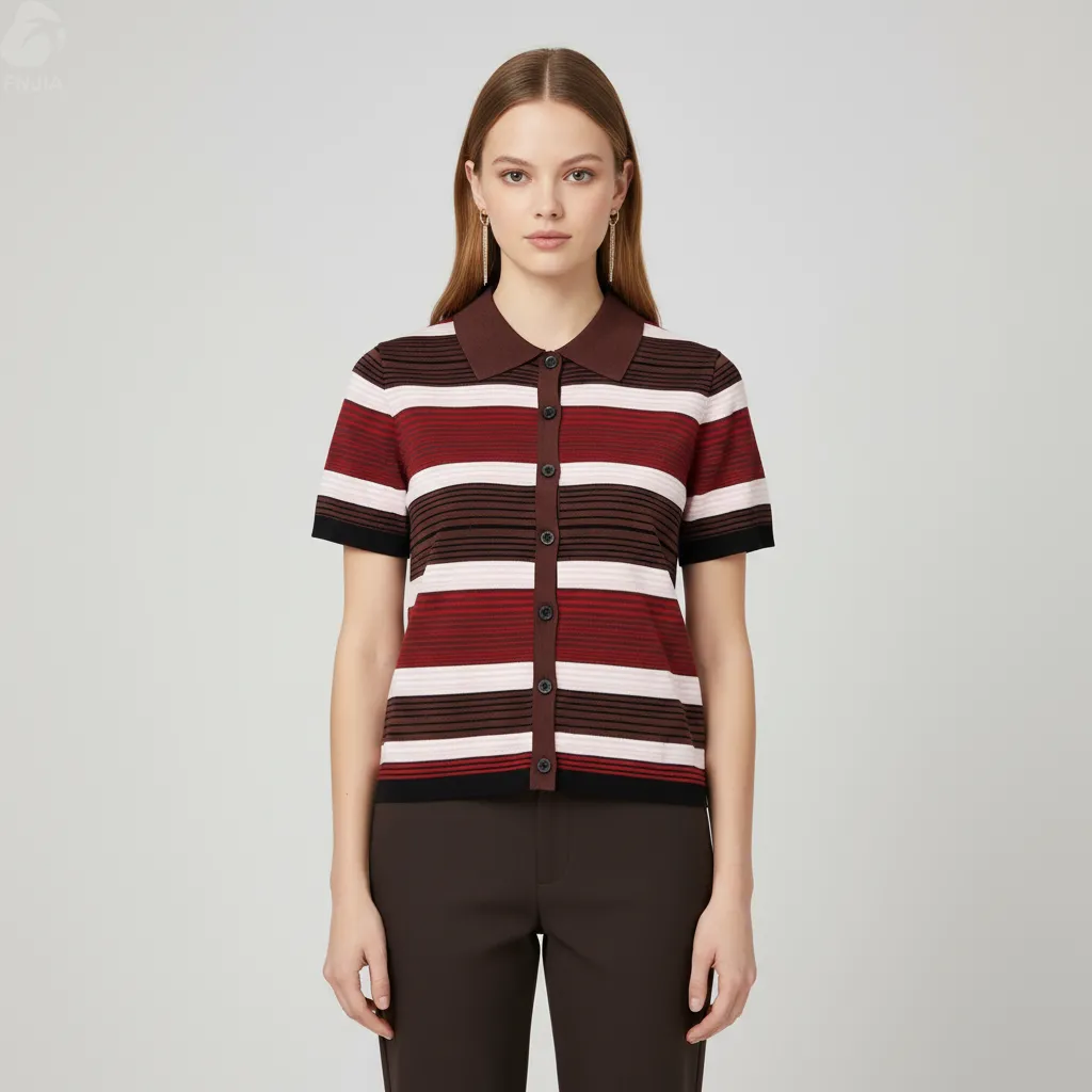 Women's Burgundy Striped Polo-Knit Cardigan - FNJIA Custom Apparel Service-FNJ2500105