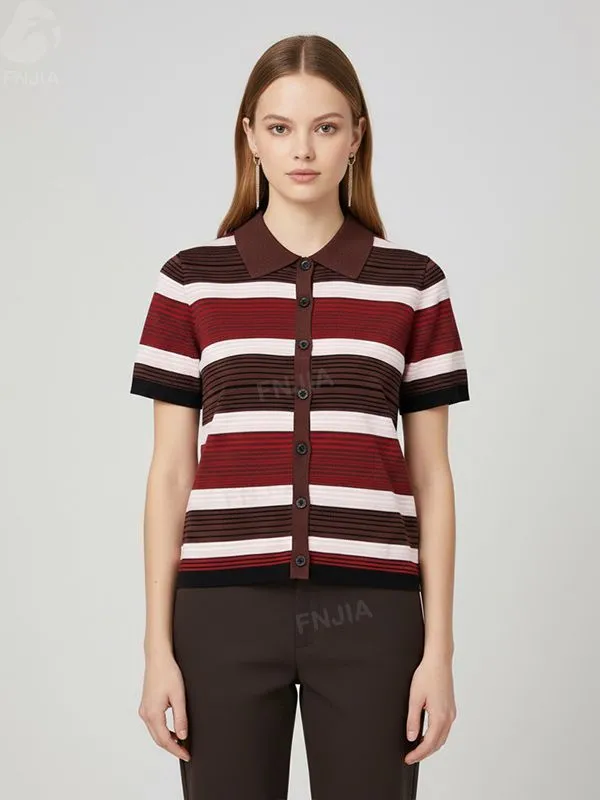 Women's Burgundy Striped Polo-Knit Cardigan - FNJIA Custom Apparel Service-FNJ2500105