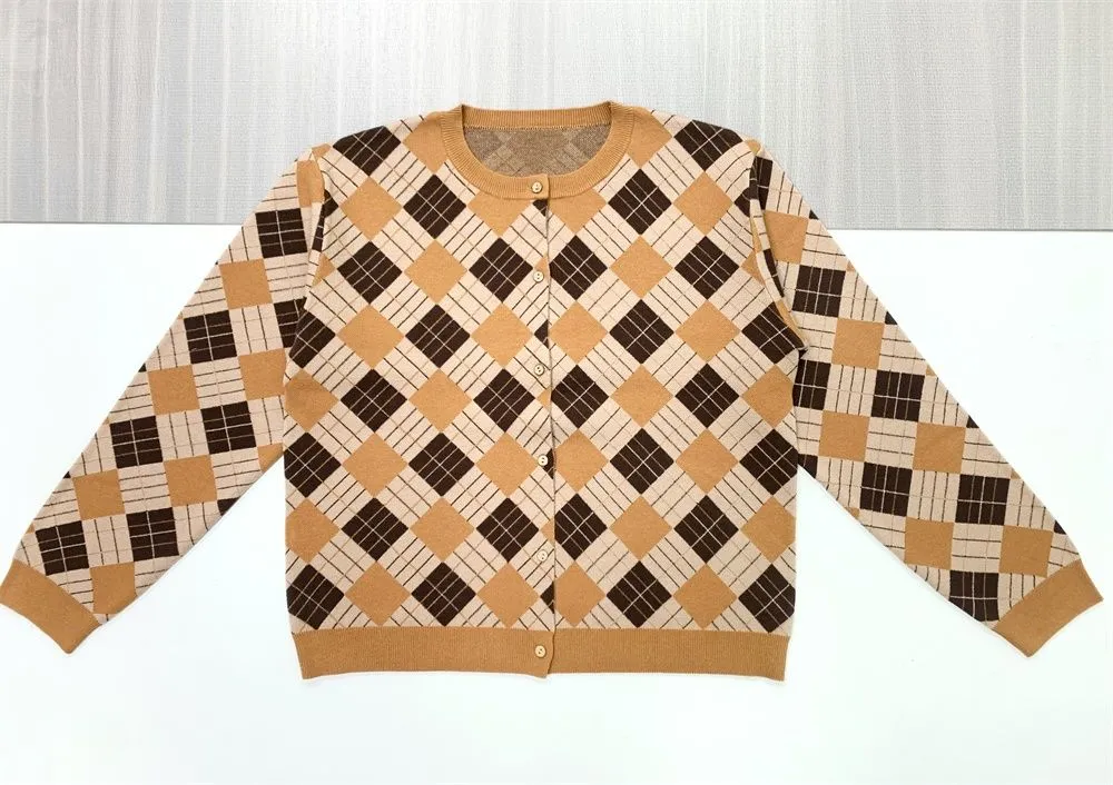 Women's Tan & Brown Argyle Knit Cardigan - FNJIA Custom Apparel Service-FNJ250095
