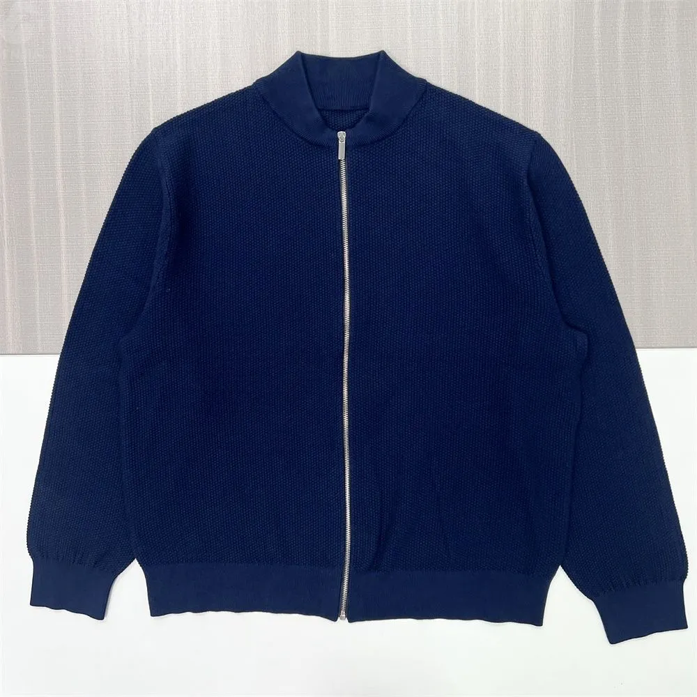 Men's Navy Waffle-Knit Zip Jacket - FNJIA Custom Apparel Service-FNJ2500159