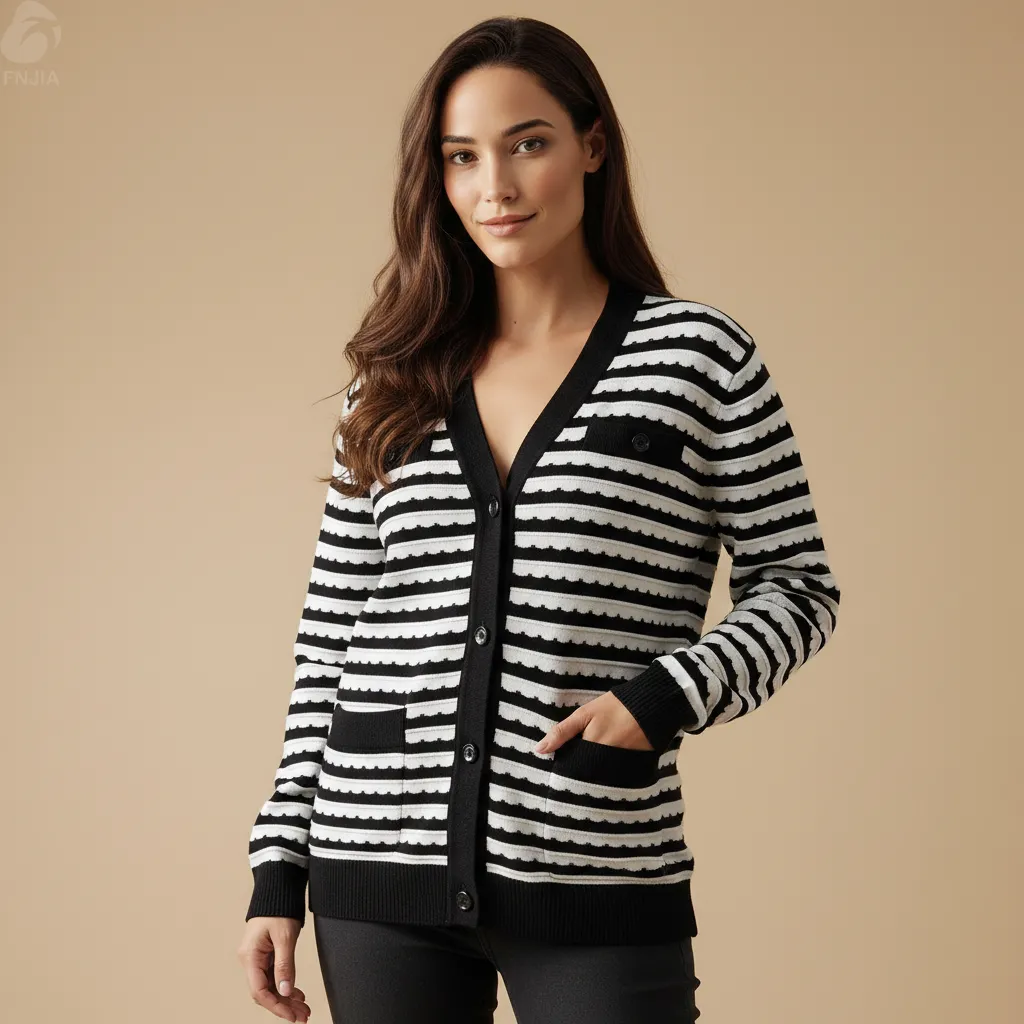 Women's Black & White Scallop-Stripe Cardigan - Custom Manufacturing-CPM2508-902