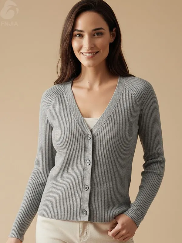 Women's Gray Ribbed V-Neck Cardigan - Full-Cycle Custom Apparel-CPM2508-903