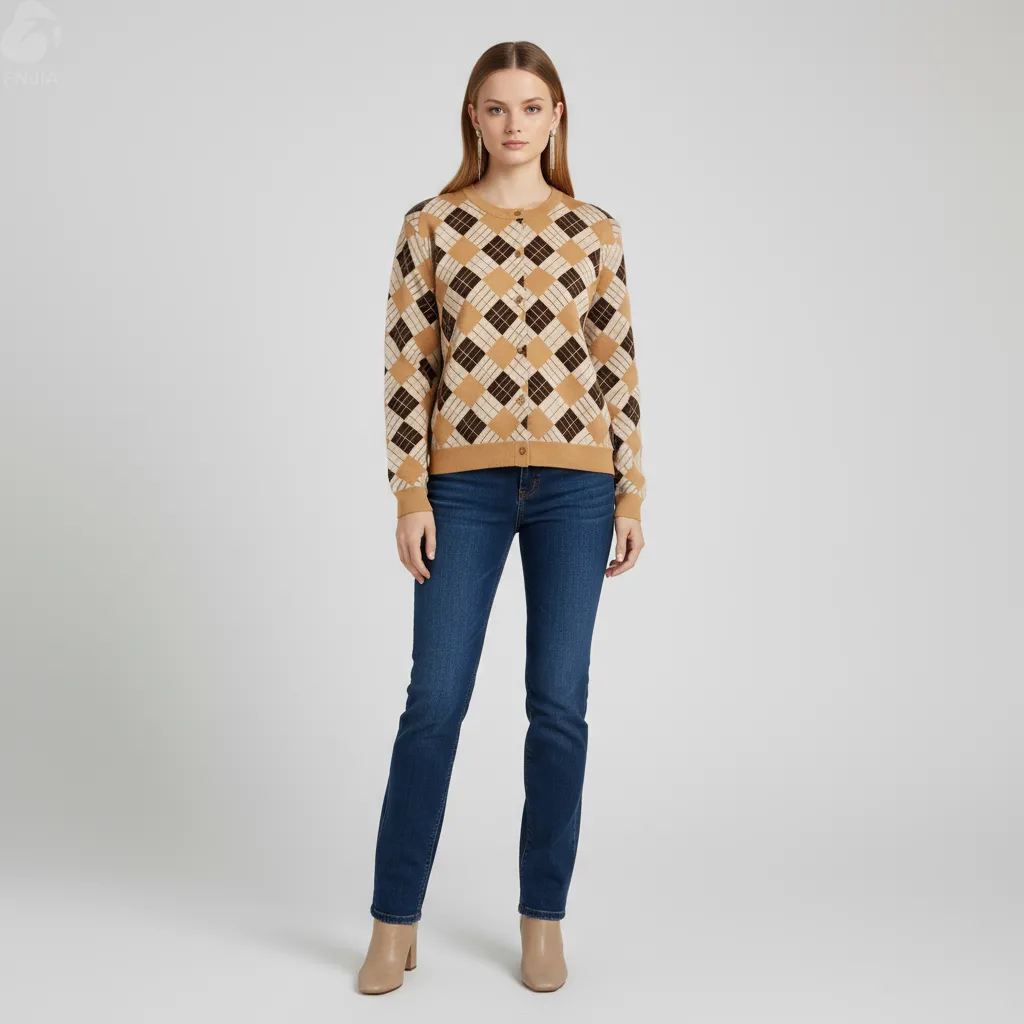 Women's Tan & Brown Argyle Knit Cardigan - FNJIA Custom Apparel Service-FNJ250095