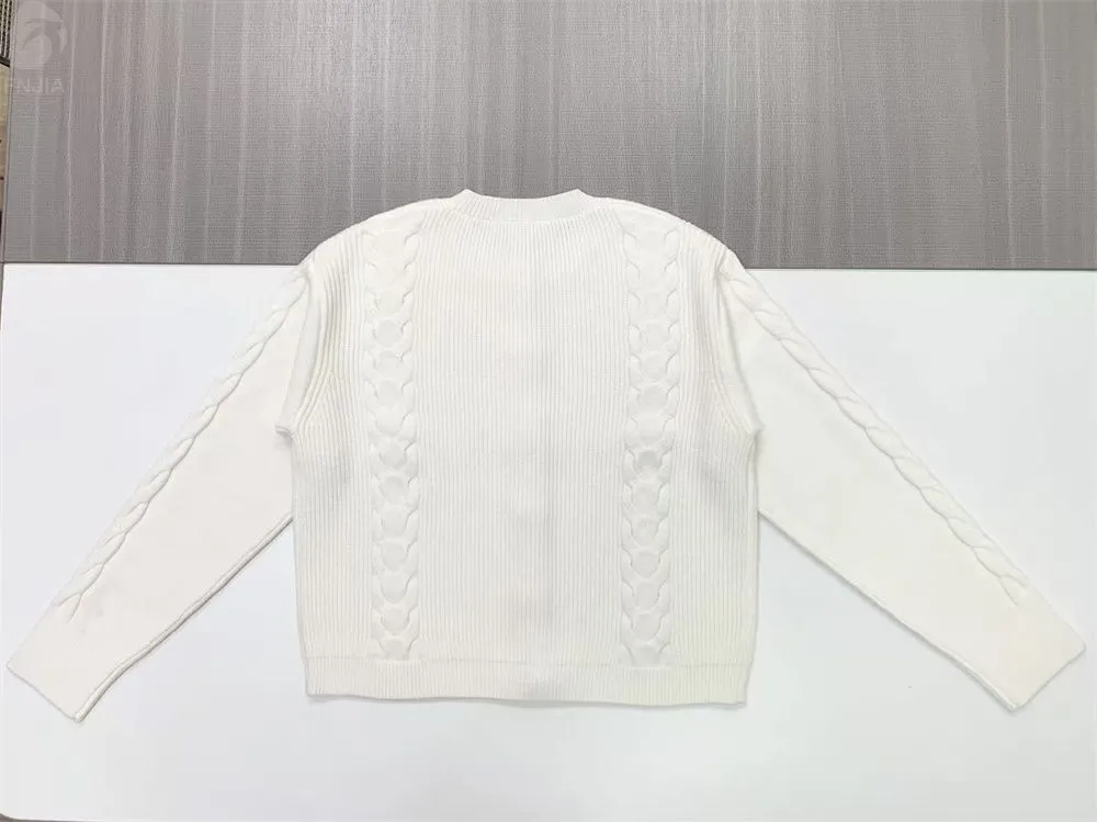 Women's White Cable-Knit Cardigan - FNJIA Custom Apparel Service-FNJ250089