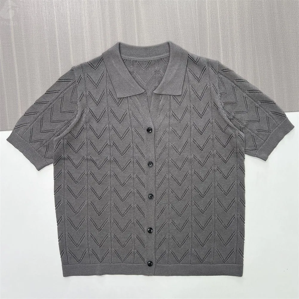 Women's Gray Chevron-Knit Polo Cardigan - FNJIA Custom Apparel Service-CPM2508-905