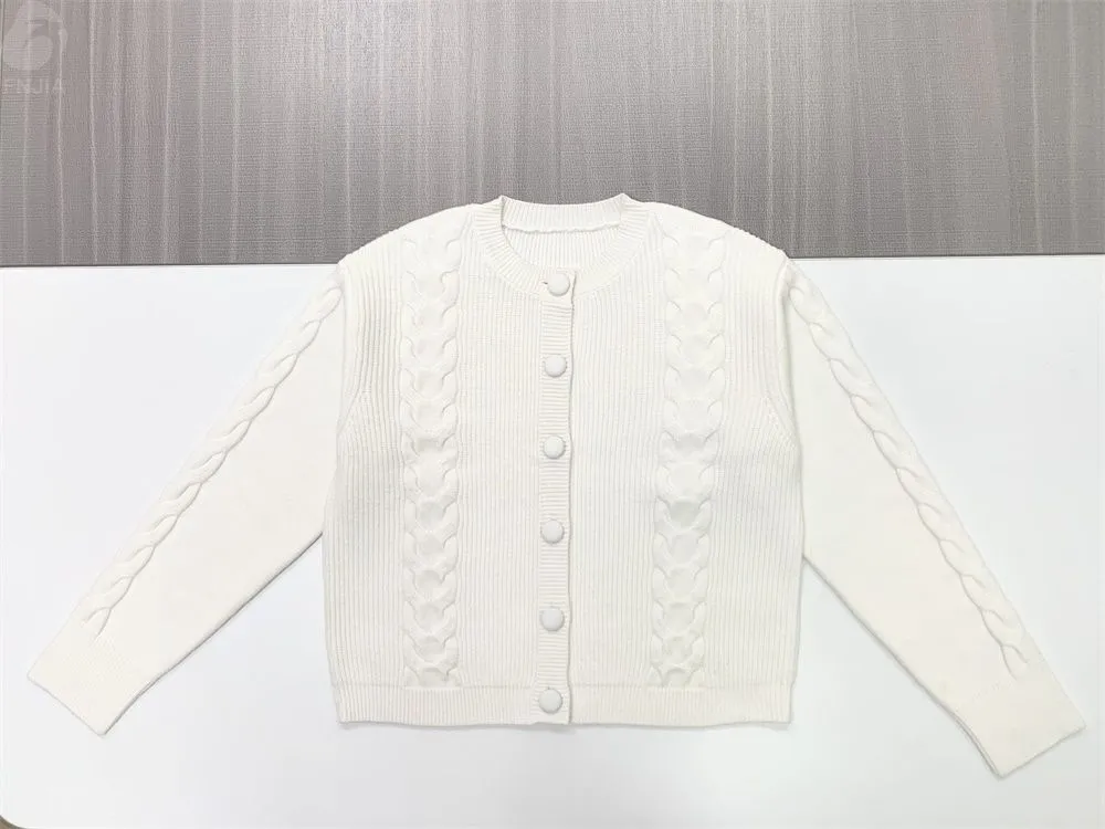 Women's White Cable-Knit Cardigan - FNJIA Custom Apparel Service-FNJ250089