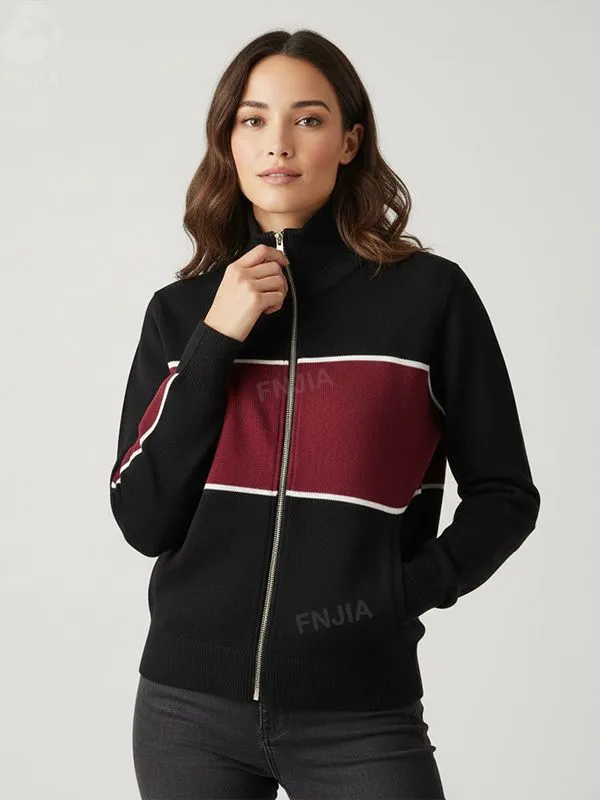Women's Black & Burgundy Vintage Knit Track Jacket - FNJIA Custom Apparel Service-CPM2508-906