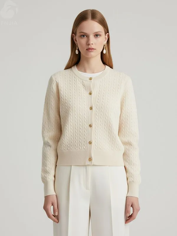 Women's Cream Cable-Knit Button Cardigan - FNJIA Custom Apparel Service-LYF2500002