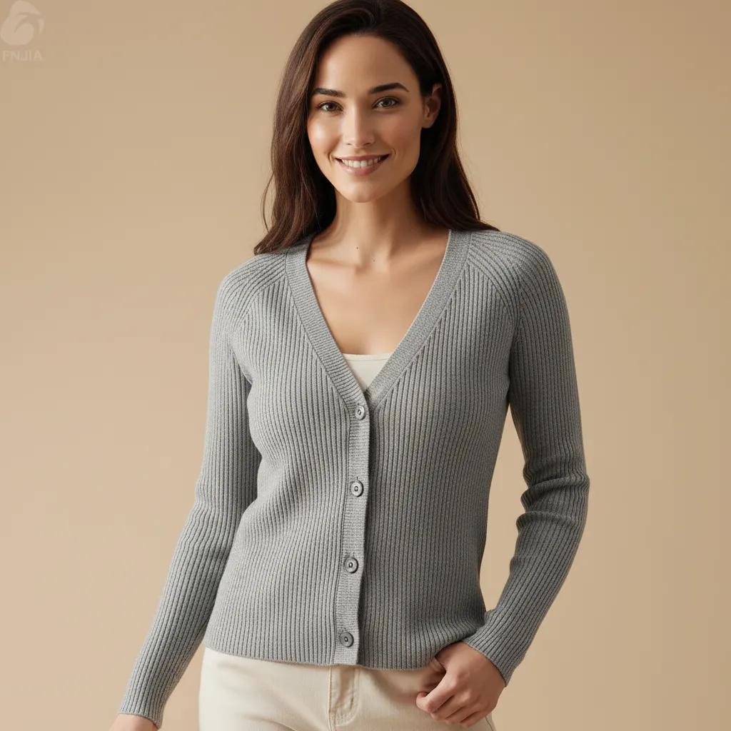 Women's Gray Ribbed V-Neck Cardigan - Full-Cycle Custom Apparel-CPM2508-903
