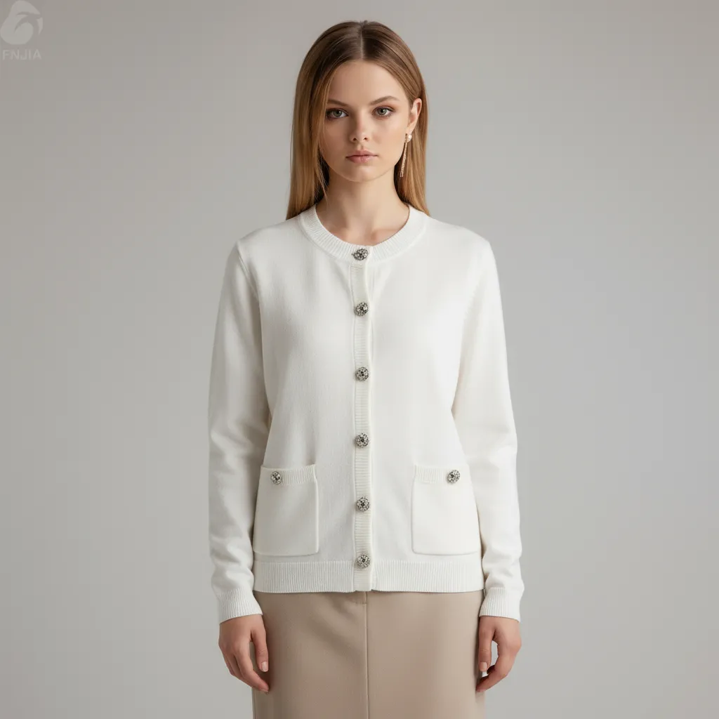 Women's White Embellished-Button Knit Cardigan - FNJIA Custom Apparel Service-FNJ250093
