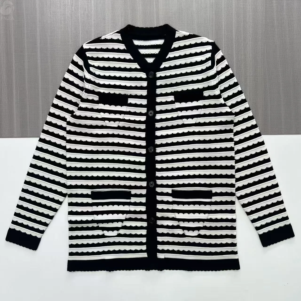 Women's Black & White Scallop-Stripe Cardigan - Custom Manufacturing-CPM2508-902