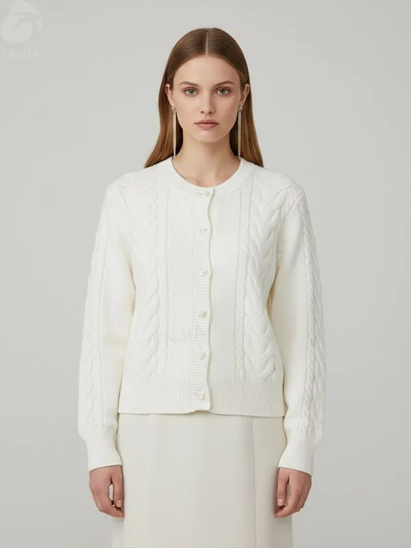 Women's White Cable-Knit Cardigan - FNJIA Custom Apparel Service-FNJ250089