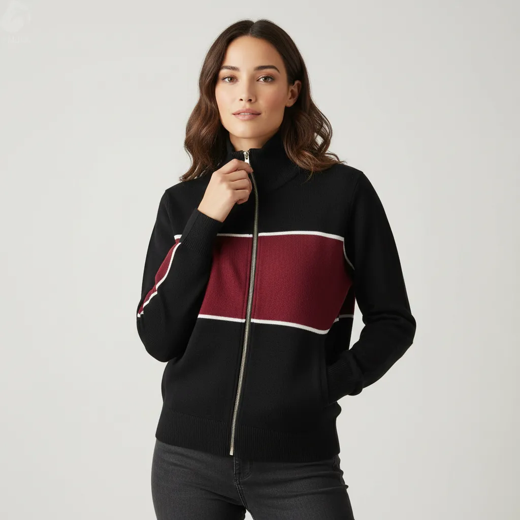 Women's Black & Burgundy Vintage Knit Track Jacket - FNJIA Custom Apparel Service-CPM2508-906