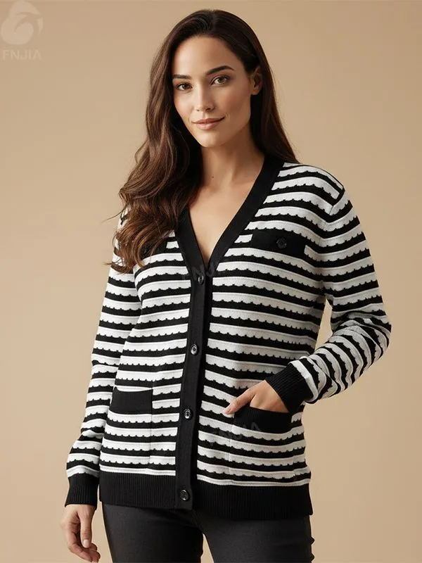 Women's Black & White Scallop-Stripe Cardigan - Custom Manufacturing-CPM2508-902