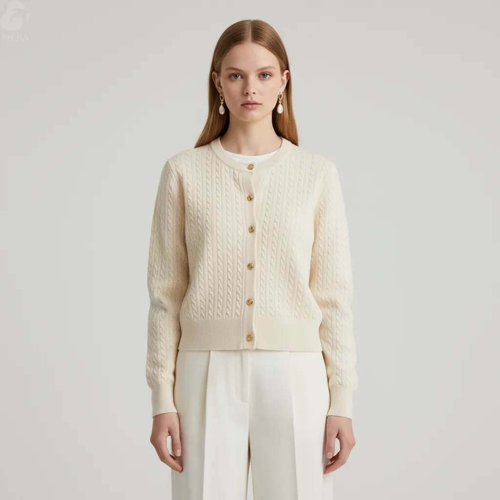 Women's Cream Cable-Knit Button Cardigan - FNJIA Custom Apparel Service-LYF2500002